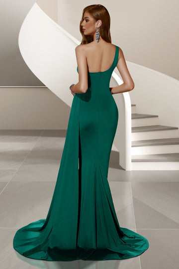 One Shoulder Mermaid Ruched Dark Green Formal Dress